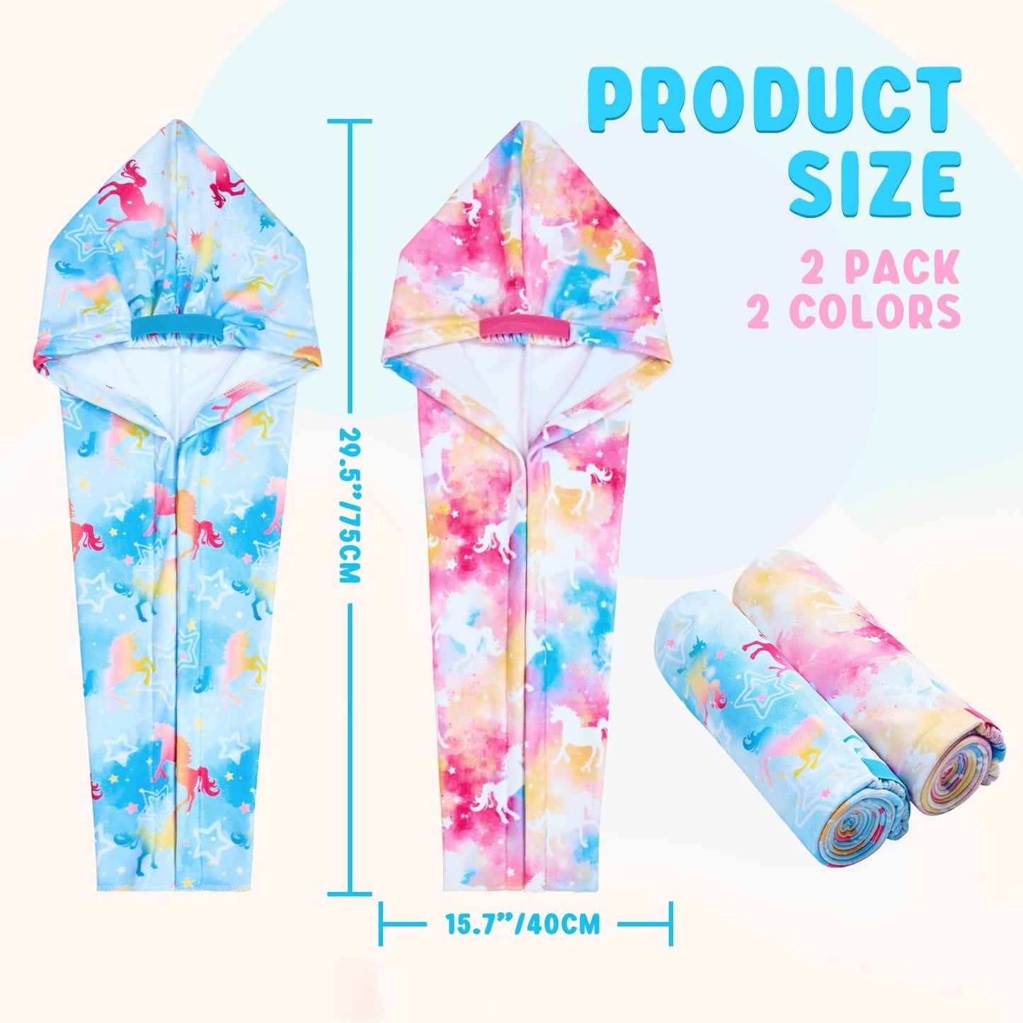 WAWSAM 2 Pack Kids Hair Towel Wrap for Girls, Microfibre Hair Turban Towel Fast Drying, Unicorn Hair Towel Wrap with Elastic Strap for Long Hair