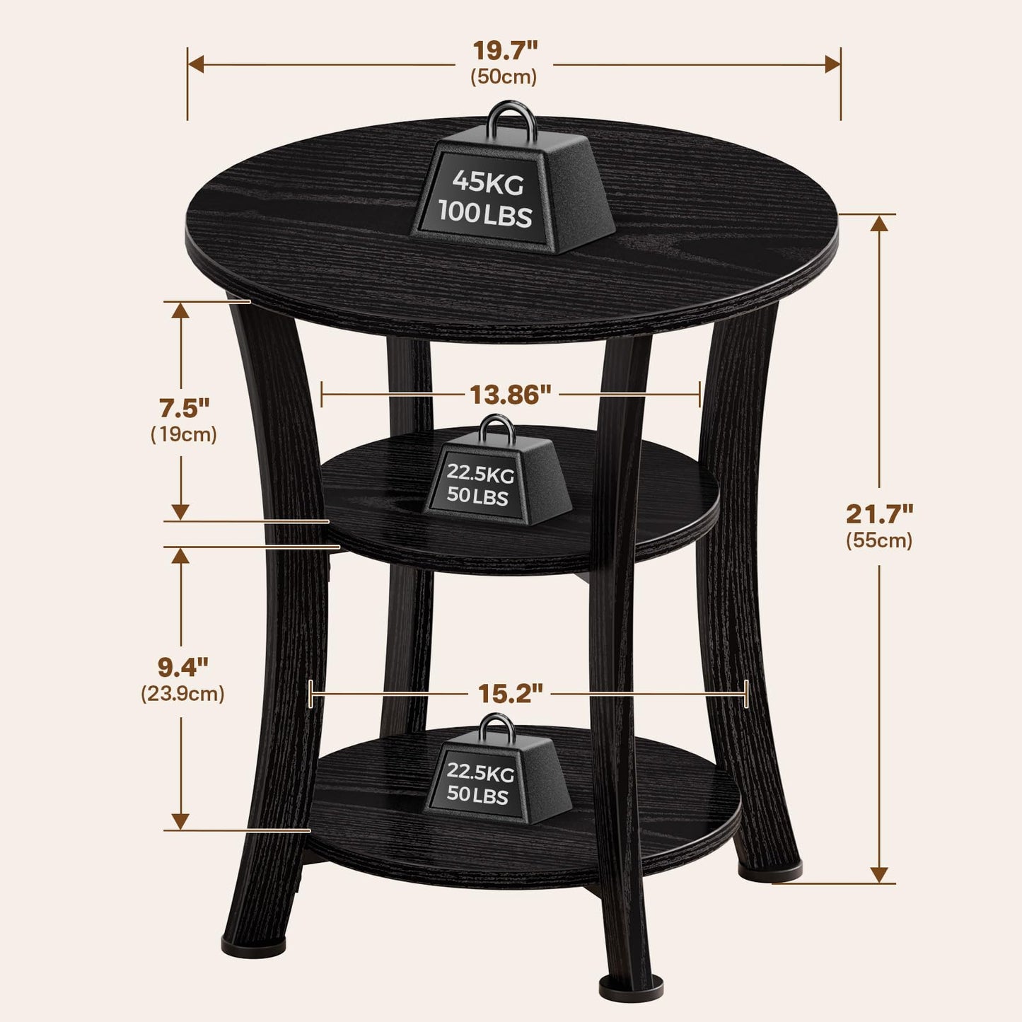 Yuede Round End Table, 3 Tier Side Table with Storage, 50 CM Farmhouse Wood Side Table