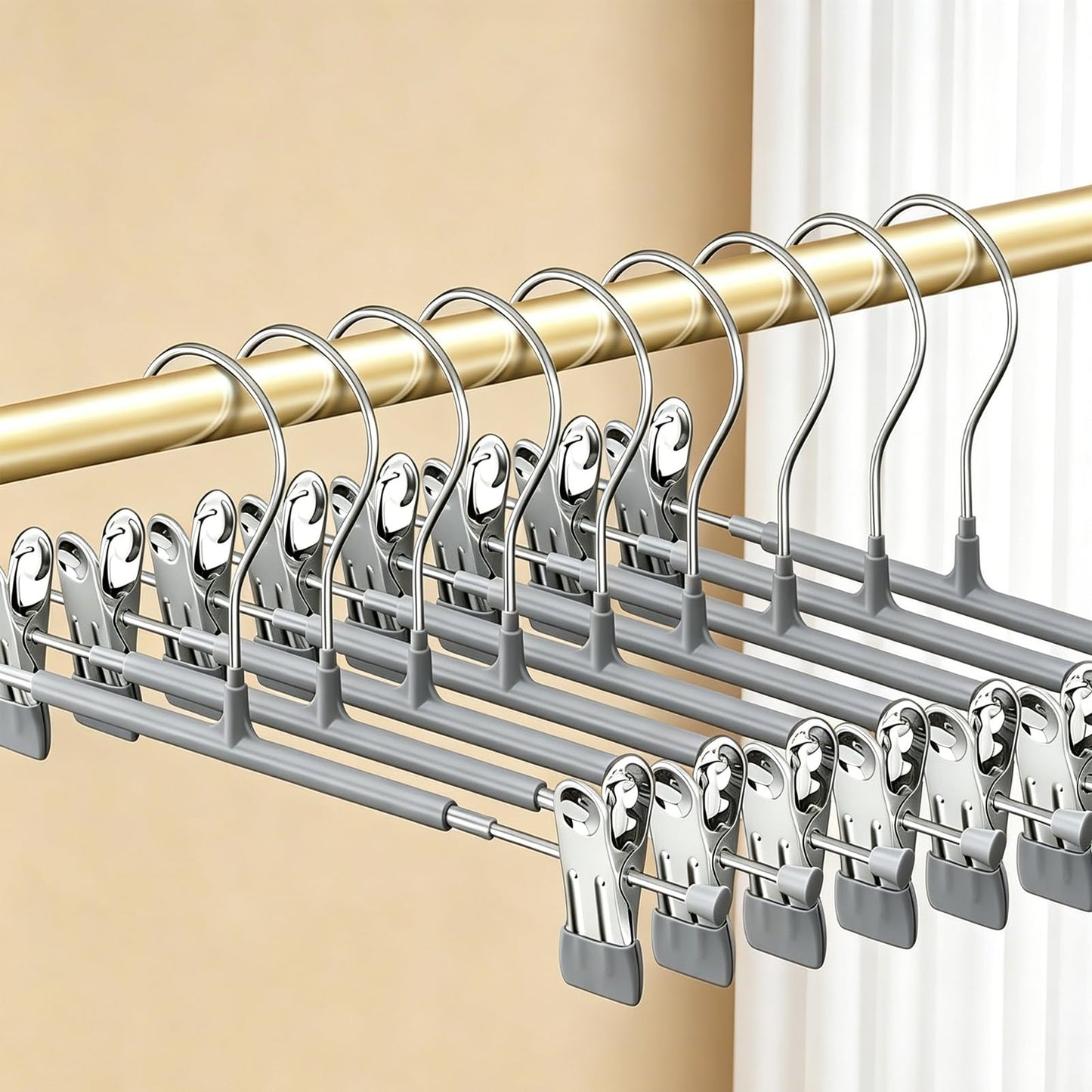 10Pack Trouser Hangers -Skirt Hangers with Adjustable Non Slip Clips Strong Chrome- Space Saving Pant Hangers,Heavy Duty Metal Hangers for Shorts