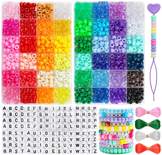 Tiehuoxia Pony Beads for Bracelet Making, 48 Colors Bracelet Making Kit with Elastic Strings, 6 * 9mm Beads for Jewelry, Hair Braids, Crafts
