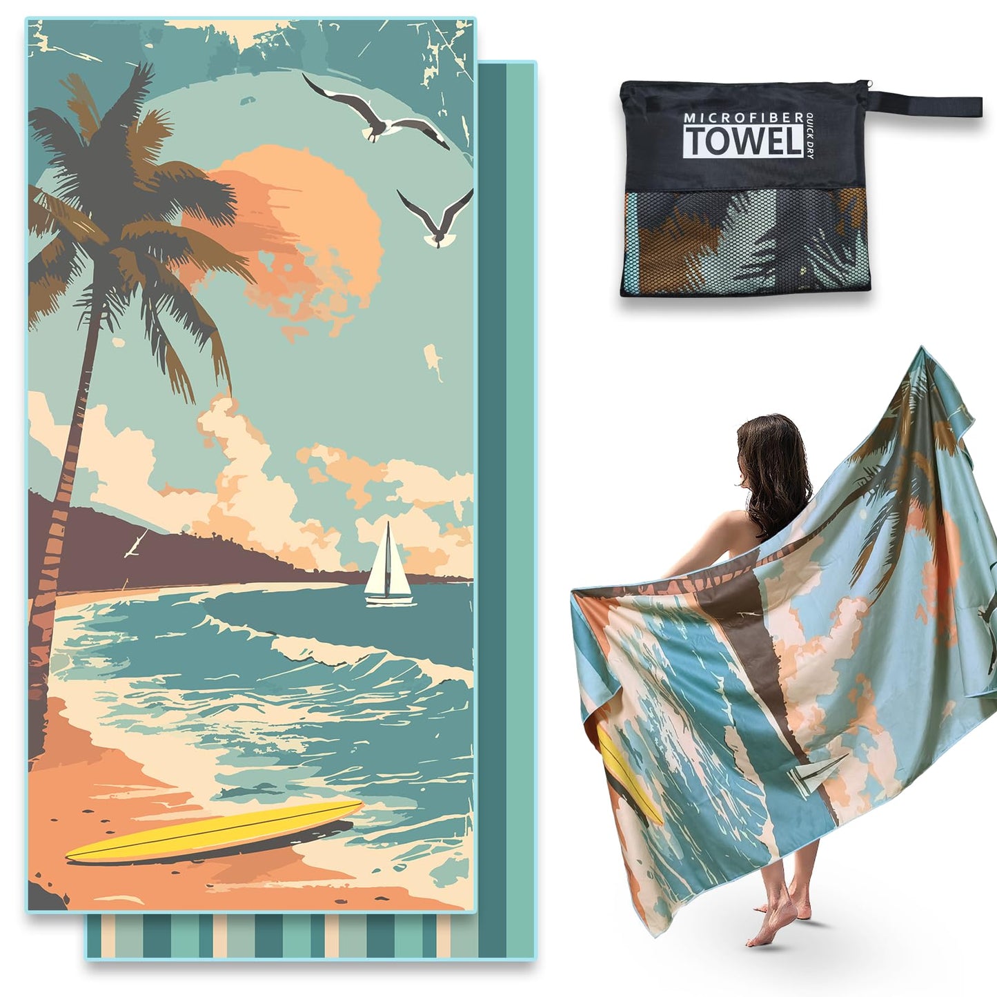 Anavasi 1 Pack Microfibre Beach Towels for Adults, 180 x 90 cm with Net Bag