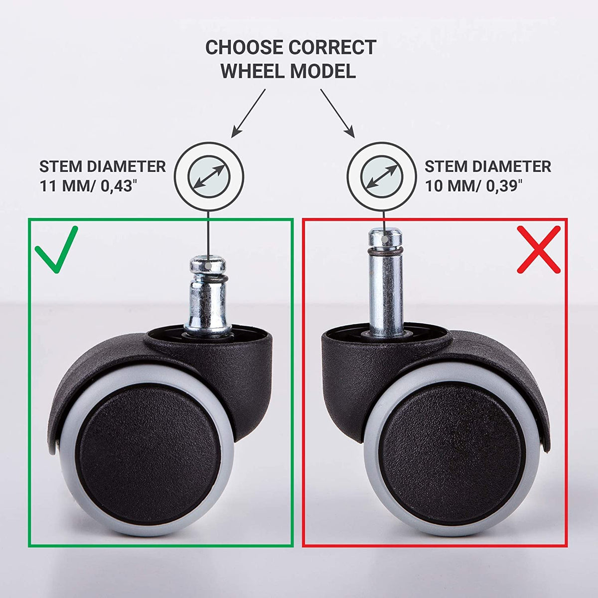 SKIR'CO 5 pcs 50 mm Rubber Chair Wheels, Rolling Office Chair Castors, Replacement Casters, Swivel Wheels, Universal Short Stems 5, Ø 11 mm