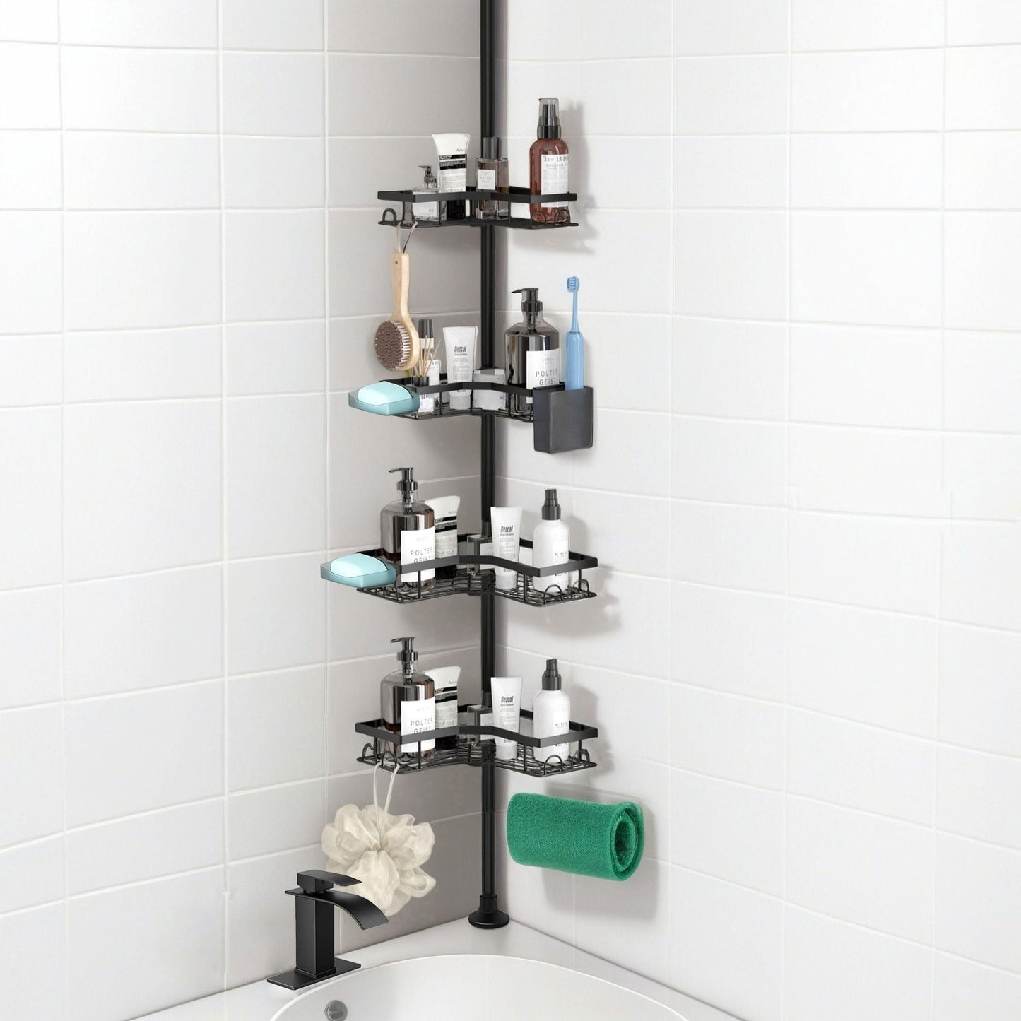 YEVVAIOC Corner Shower Caddy Tension Pole,43 to 121 Inch Adjustable Bathroom Organizer Shelves Rustproof with 4-Tier, for Small Bathrooms