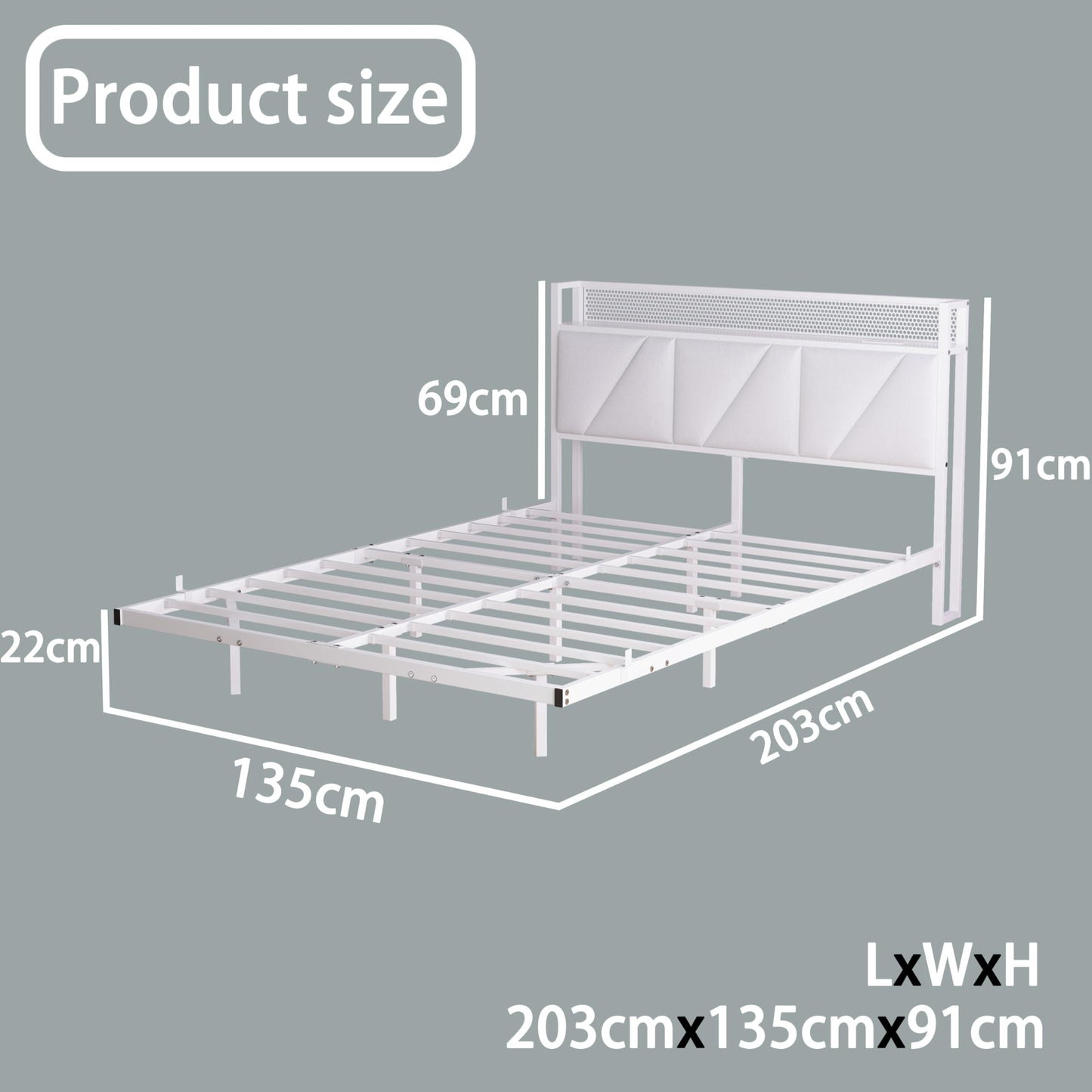 HAHRIR Floating Double Bed Frame with Upholstered Headboard Storage, White