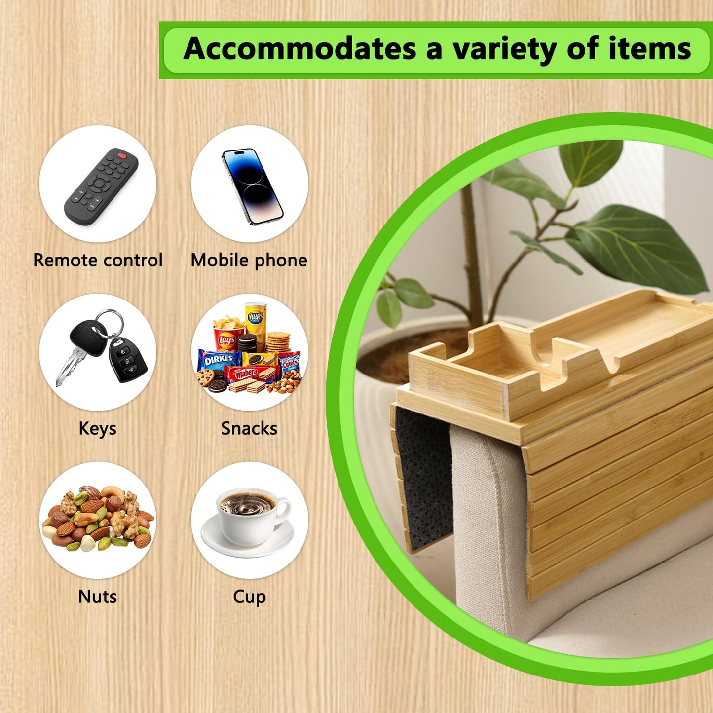 Wooden Armrest Tray with Magnetic Removable Tray, Cup Holder & Phone Slot – Multifunctional Organizer for Sofa, Living Room & Office