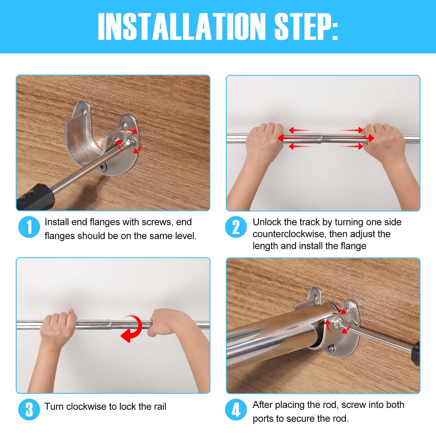 Wardlock 56-100cm Extendable Stainless Steel Wardrobe Rail, Adjustable Clothes Rail Pole With U Shaped End Sockets.