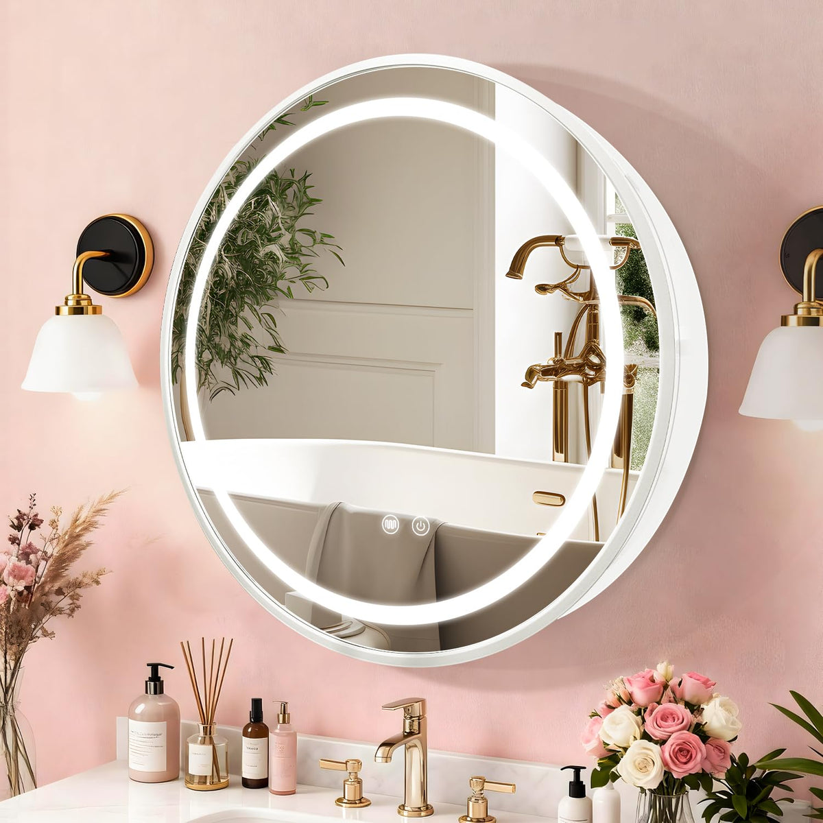 KAASUNES Round Mirror Cabinet with Light,Aluminum Framed,3 Colors Temperature&Dimmer,USB Shaver Socket,Defogger,71cm,white