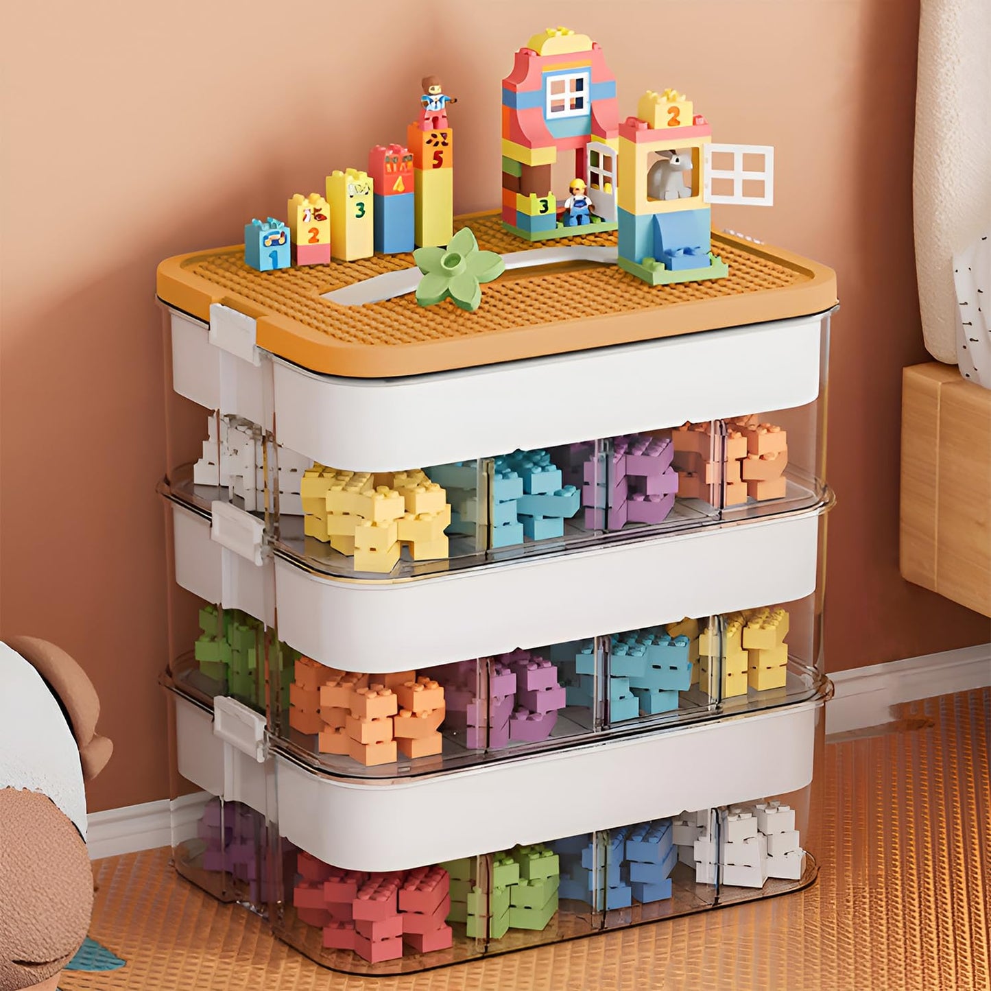 Storage Boxes,Kids Toy Lego Box,Stackable Toys Organizer with Lid,Handle,Plastic Multi Compartment Containers Chest Case for Storing