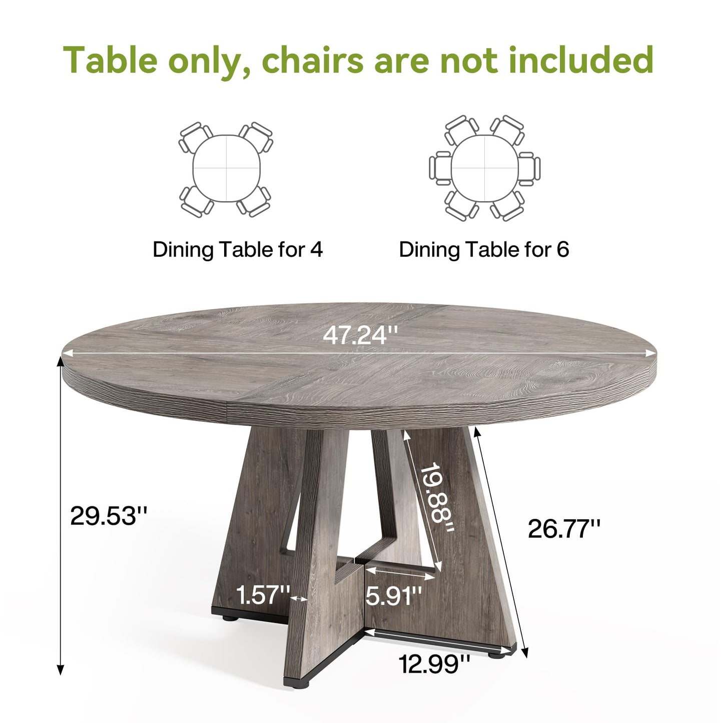 LITTLE TREE Round Dining Table for 4-6 People, 47 Inches Dining Room Table with Wooden Pedestal Base, Grey Dinner Tables