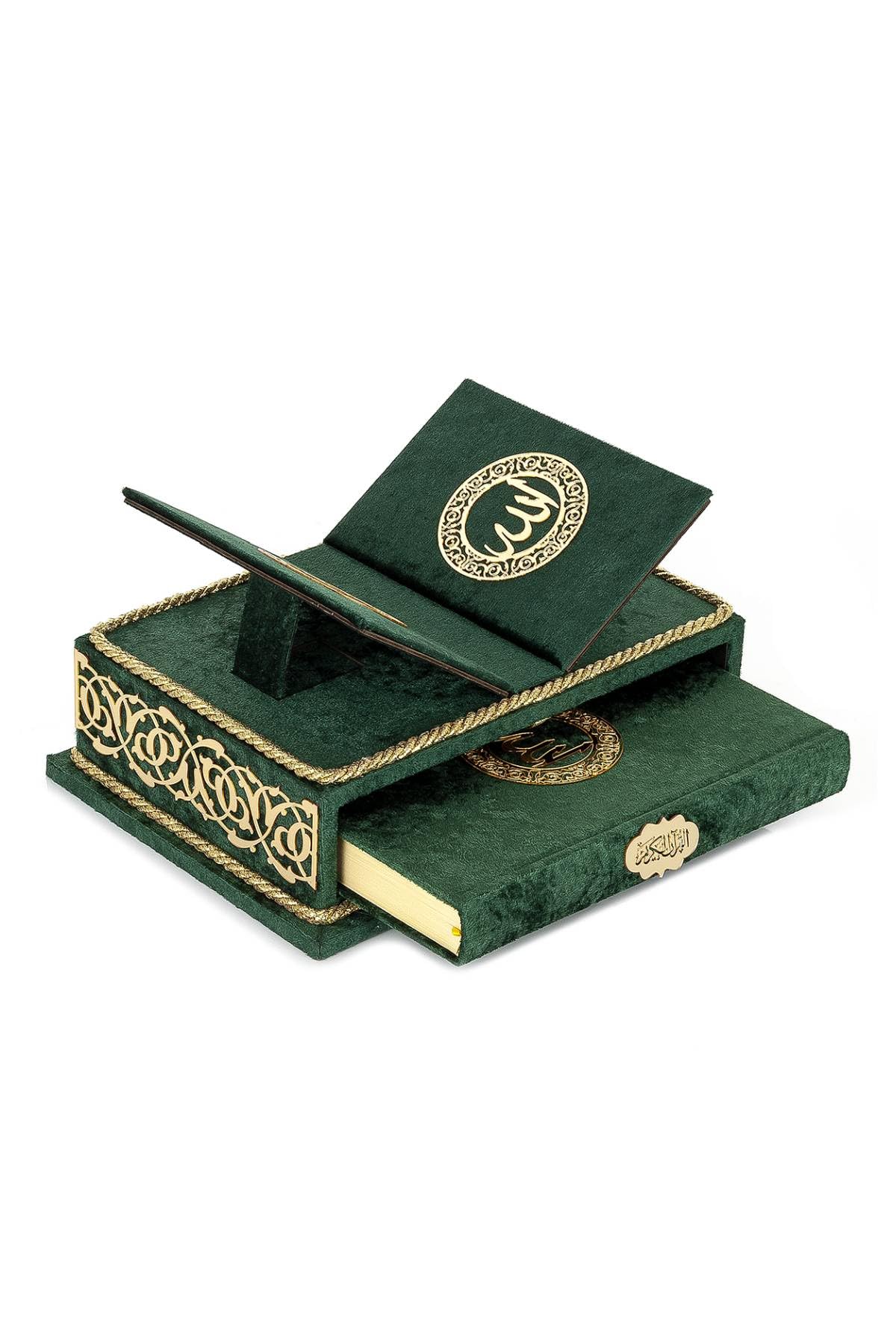 ihvan online, The Holy Arabic Quran Gift Set, Book Stand Holder, Desktop Quran Holder, Rehal, Velvet Covered Chest Rihal