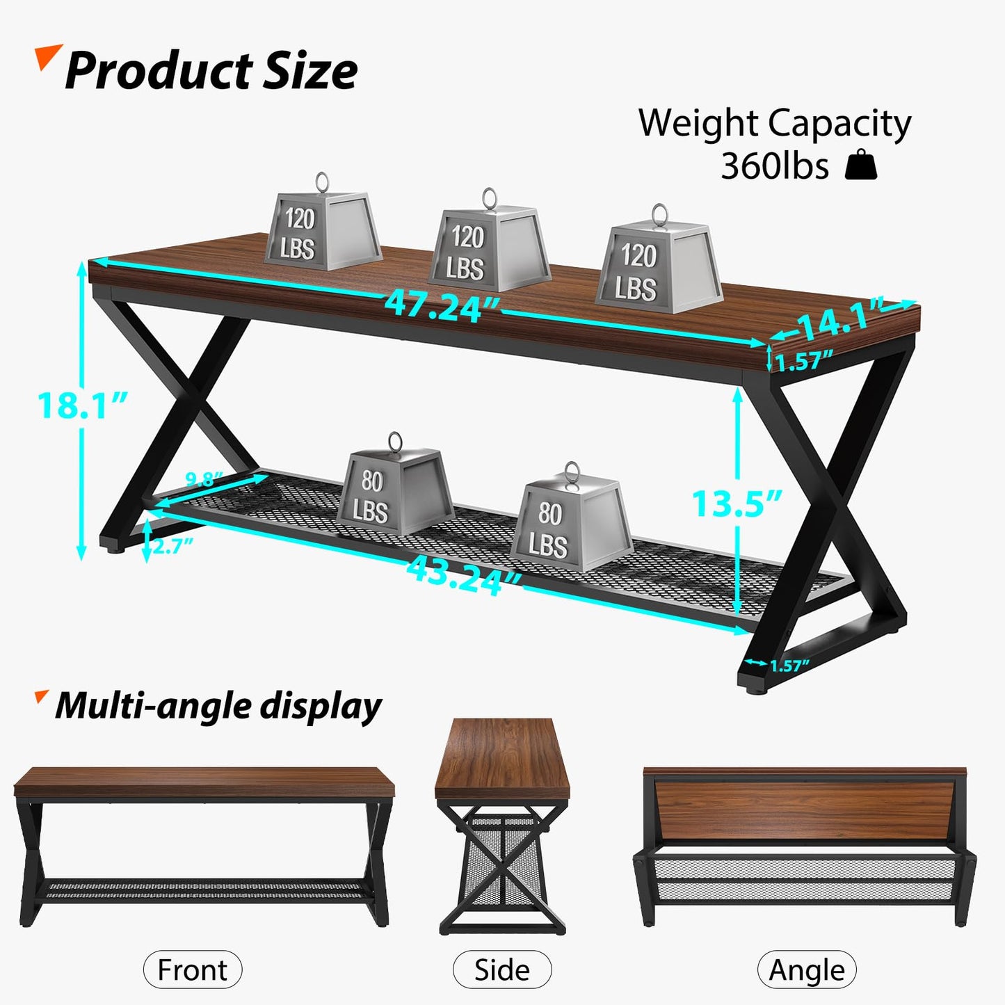 LVB Entryway Shoe Rack with Storage, Wood and Metal Indoor Bench for Entrance, Long Wooden Hallway Bench with Seating for Living Room