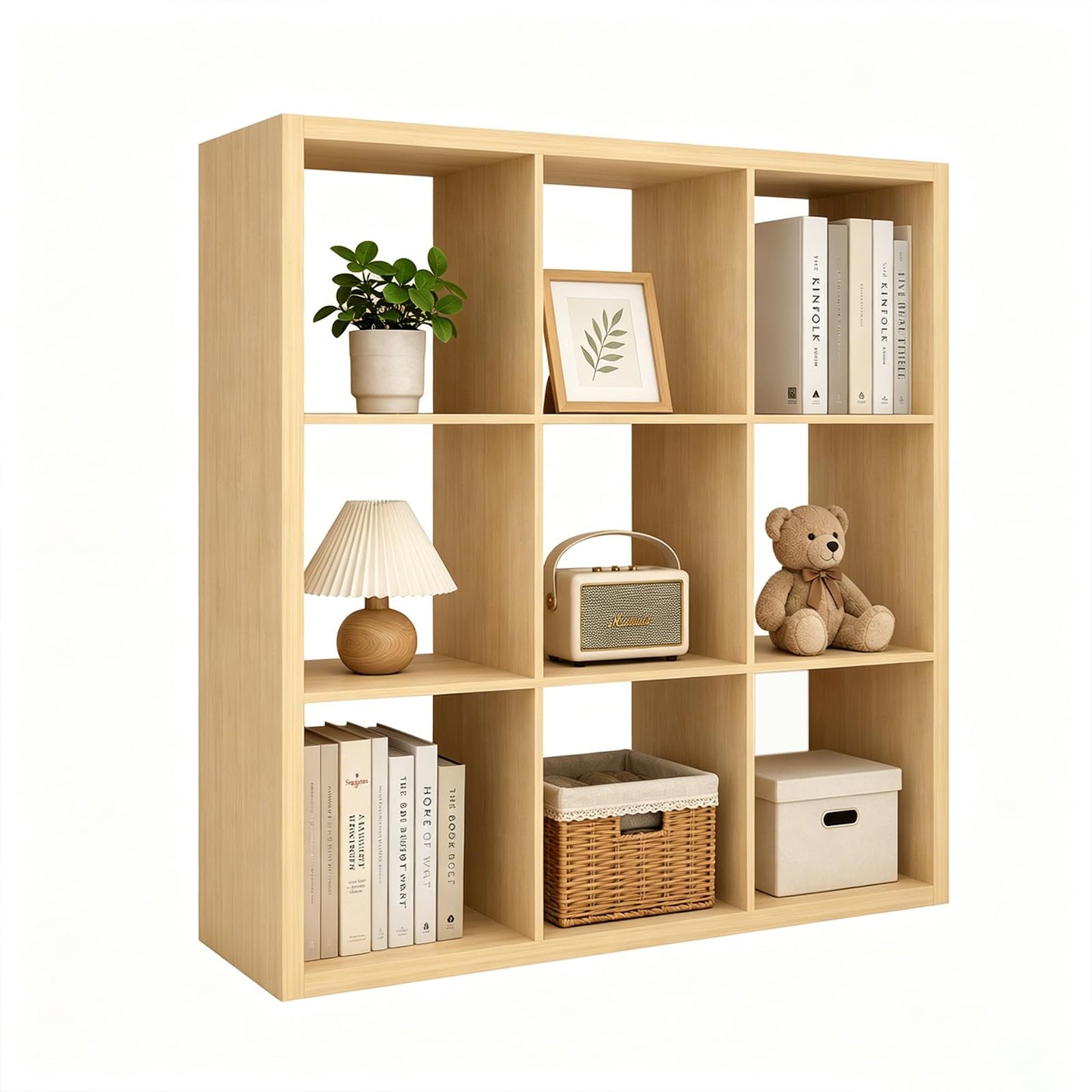 CTESNE【Wooden Thick Frame 9 Cube Storage Organizer Shelf with Anti-Tipping Kits + Reversible Open Back Bookcase