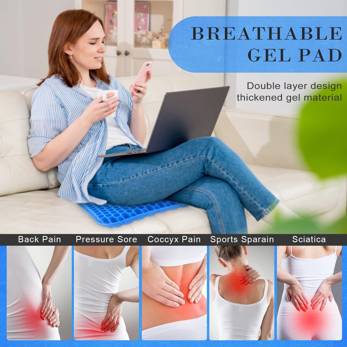 Mnixy Gel Seat Cushion, Double Thick Breathable Seat Cushion Cool Gel Cushion Honeycomb Design,Breathable Lumbar Support Chair Cushion With