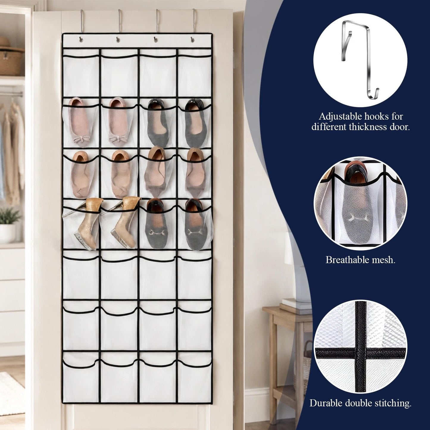 EVTHUR Over Door Shoe Storage Organiser 28 Large Mesh Pockets Hanging Shoe Rack Holder with 4 Hooks