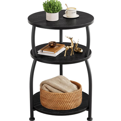 Yuede 3 Tier Side Table, Round Coffee Table, End Table with Storage Shelf, Bedside Table, for Living Room, Bedroom, Metal Frame, 40 x 61 cm, Black