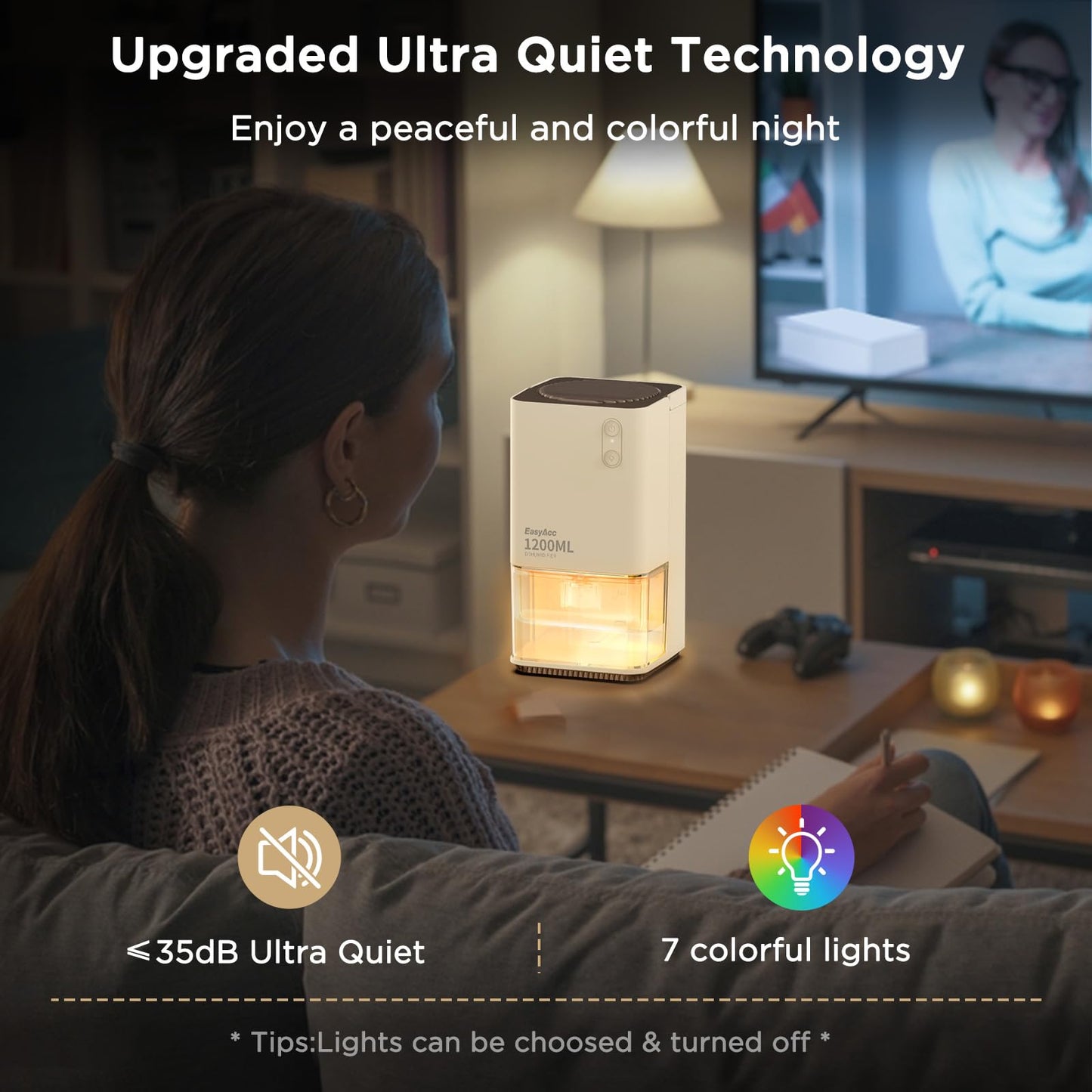 Dehumidifiers for Home Damp, EasyAcc 1200ml Electric Dehumidifier with Ultra Quiet & Auto Shut off 7 Colorful LED Portable Mini Dehumidifier for