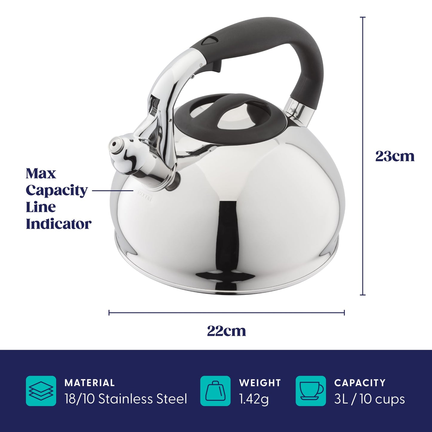 Judge 3L Stovetop Kettle - Stove Top Kettle for Gas Stoves & Electric Hobs - 18/10 Stainless Steel Whistling Kettle with Heat Resistant Handle -