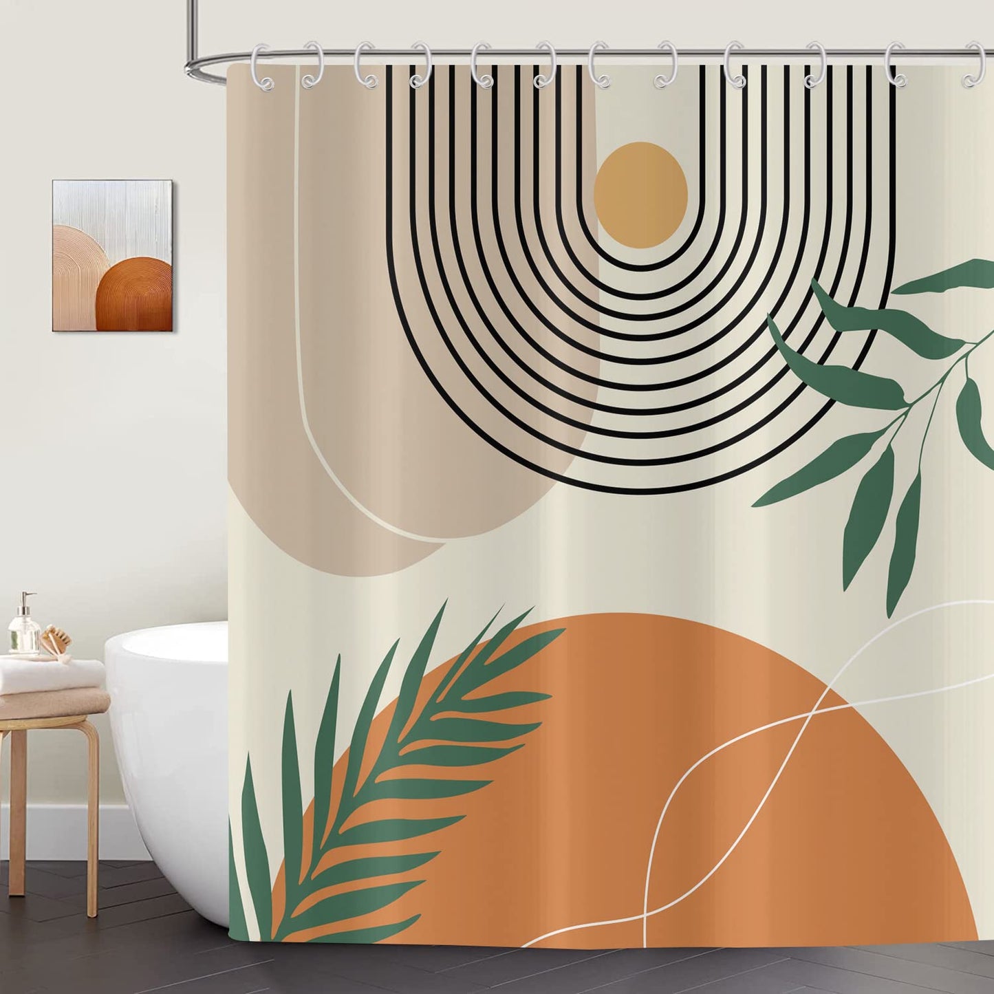 ASDCXZ Boho Shower Curtain 180x240 cm, Modern Abstract Art Boho Style Sun Moon Leaves Beige Bath Washable Shower Curtains Polyester Textile Waterproof