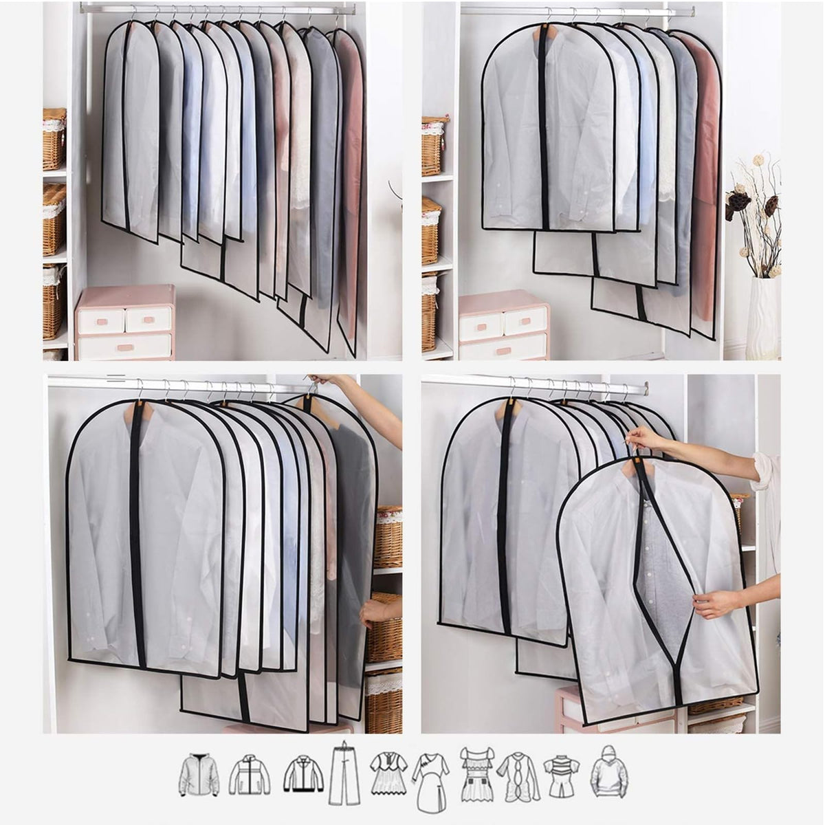 12 x clothes covers, dust proof, transparent hanging clothes covers with zip, protection for shirts, suits, coats, dresses, etc.