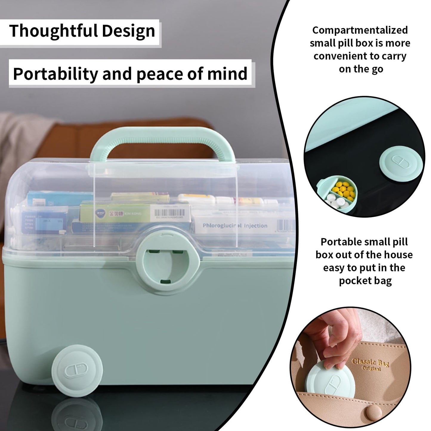 Uotyle Medicine Storage Box 3-Layers Medicine Box With Protable Handle Household Medicine Container For Medicine Storage(White)