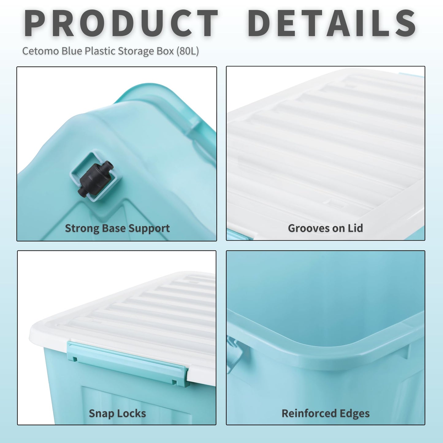 Cetomo 80L*3 Storage Boxes with Lids, Plastic Storage Box with Wheels and Secure Side Latches, Stackable & Nestable Organizer for Home, Office