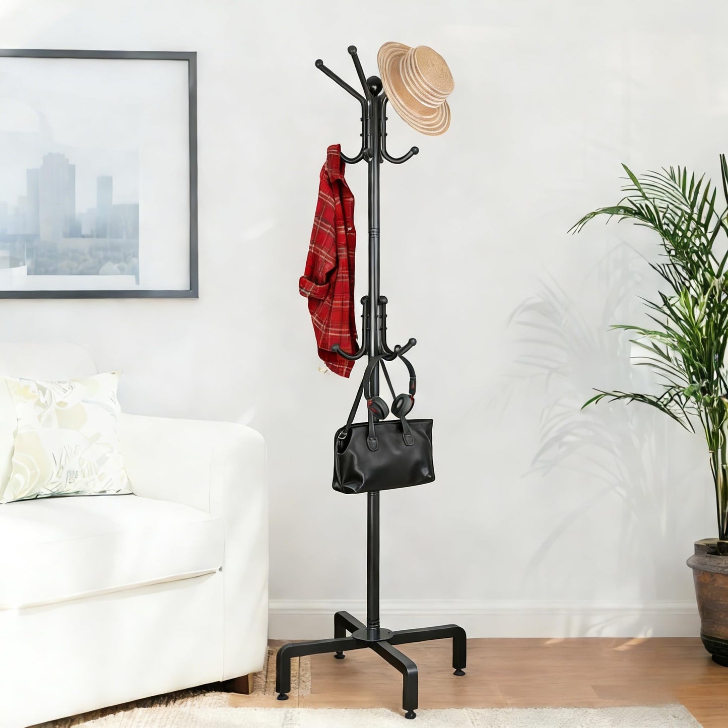 dongliangqinying Metal Freestanding Coat Rack, 3-Tier with 12 Hooks, Black