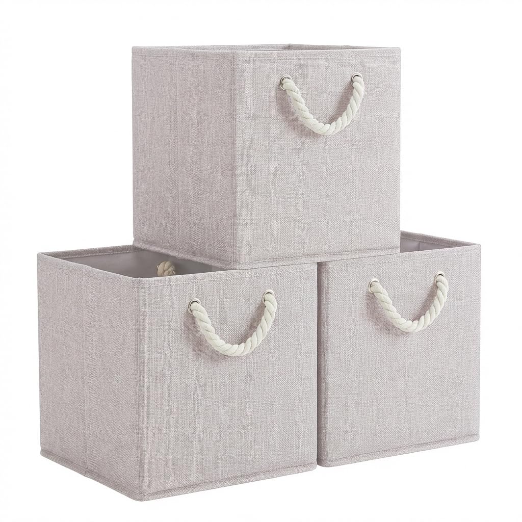 Mangata 3 Pack Storage Cubes for Shelves, Fabric Storage Boxes with Cotton Rope Handles Home Organization