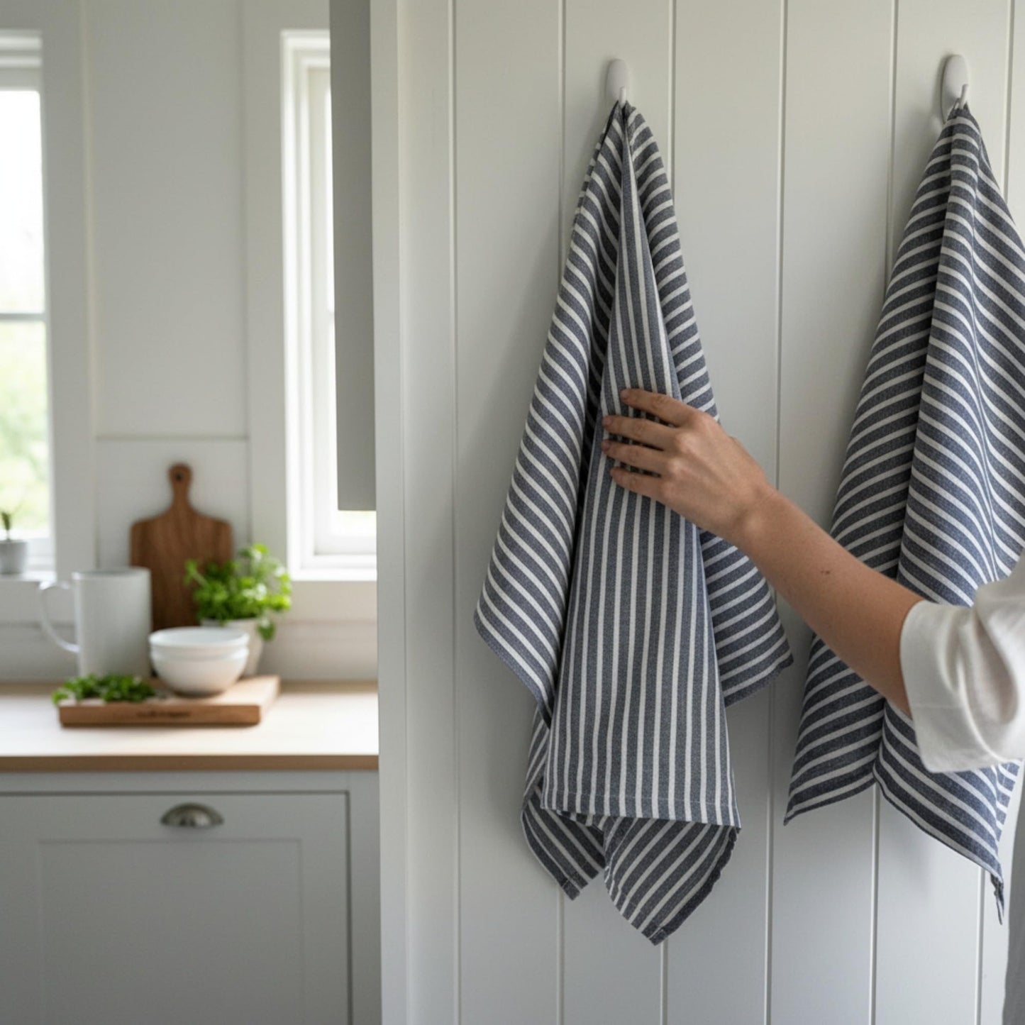 Eight Owls Stonewashed Linen Kitchen Dish Towels – 50 x 68 cm – 100% Pure Linen Tea Towel/Hand Towel - set of 2 (Navy Stripe)