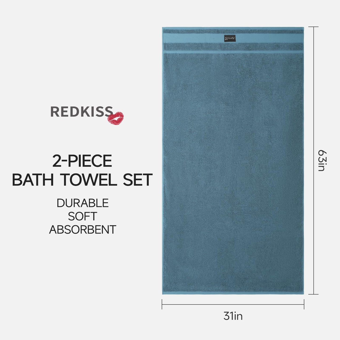 REDKISS 2-pack Blue Large Bath Towels-160 x 80CM Cotton Luxury Thick Towel