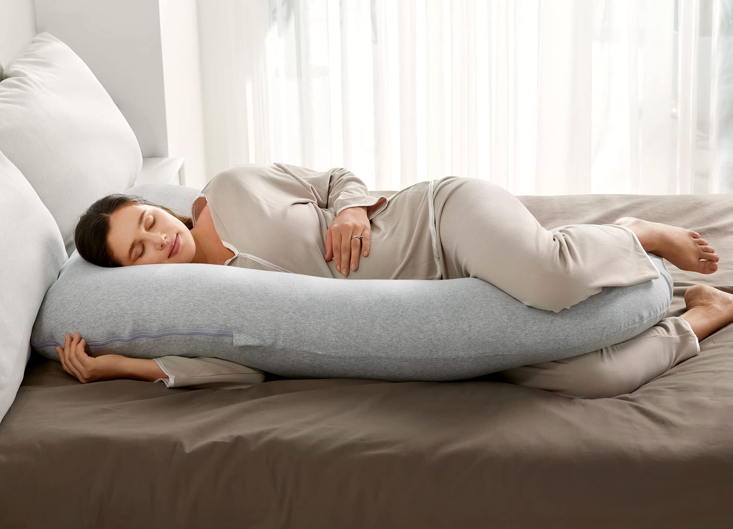 momcozy U Shaped Pregnancy Pillows with Cotton Removable Cover, 57 Inch Full Body Pillow Maternity Support, Must Have for Pregnant Women, Hatha Grey