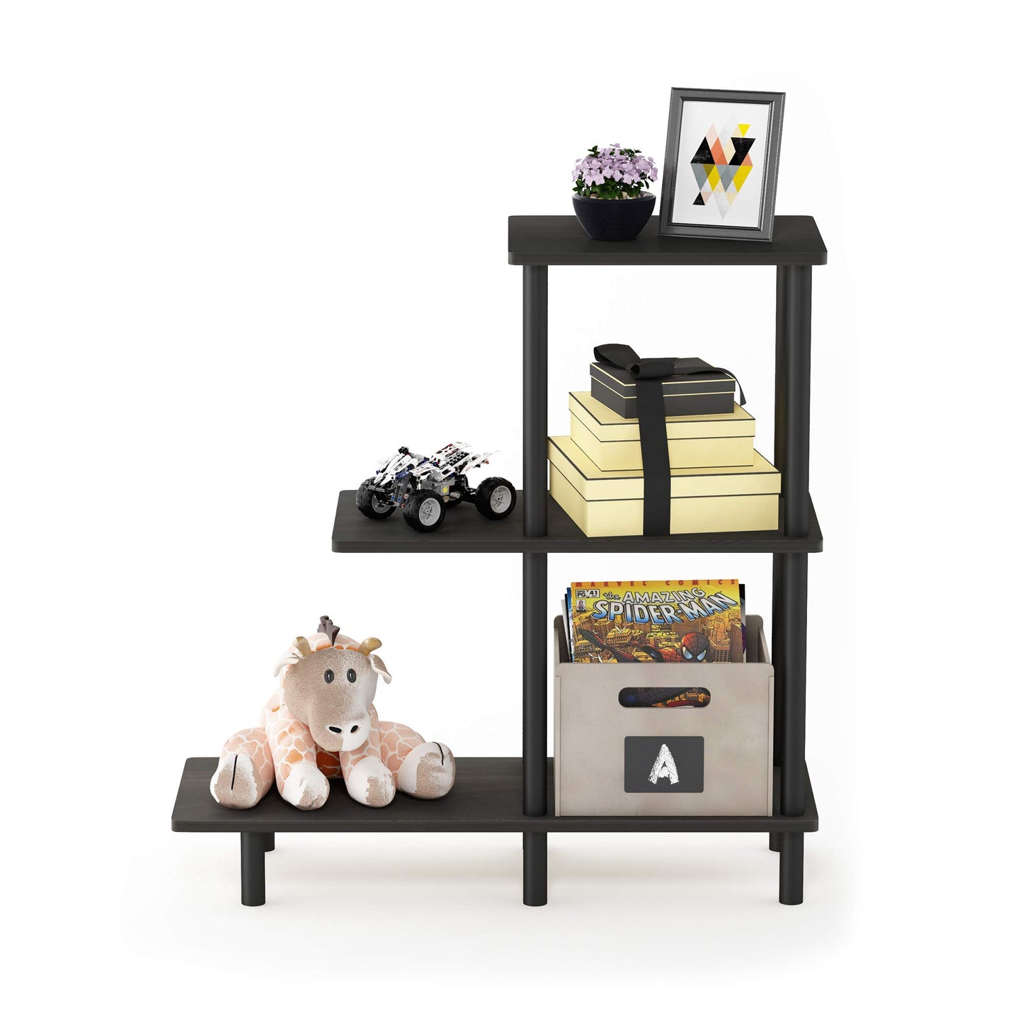 Furinno TURN-N-TUBE Side Table, 3-Tier Tall L-Shape End Table with Open Shelf, Tall Toolless Night Stand, Bedside Table, for Living Room, Bedroom