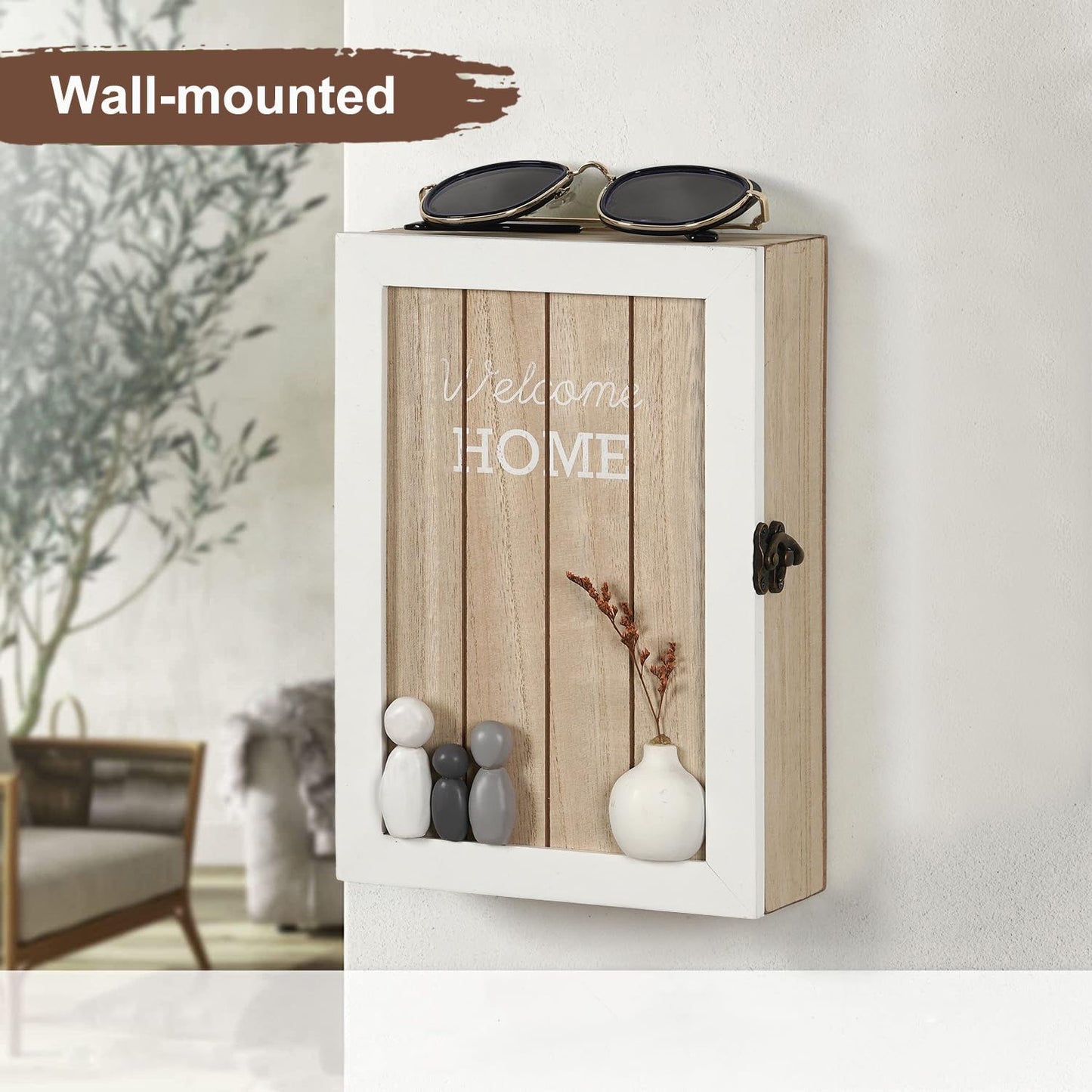 Optyuwah Wooden Key Cabinet with Dried Flowers Key Cabinet 6 Key Hooks Key Rack Wall Decoration L for Entrance, Hallway, Office Key Holder L White