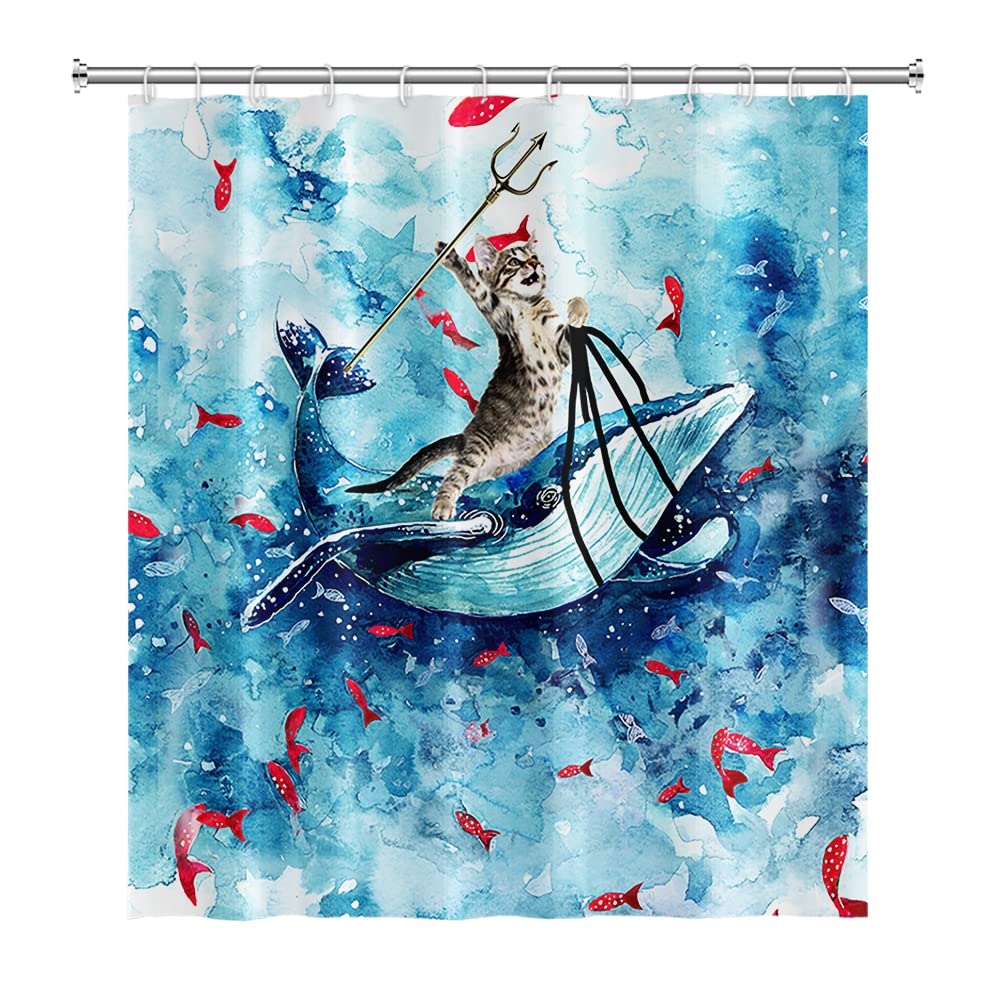 SDOTPMT 122x183cm Funny Cat Shower Curtain Cute Cat Riding Whale Ocean Wave Bath Curtain Cartoon Red Fish Blue Bathtub Curtain for Kids Bathroom