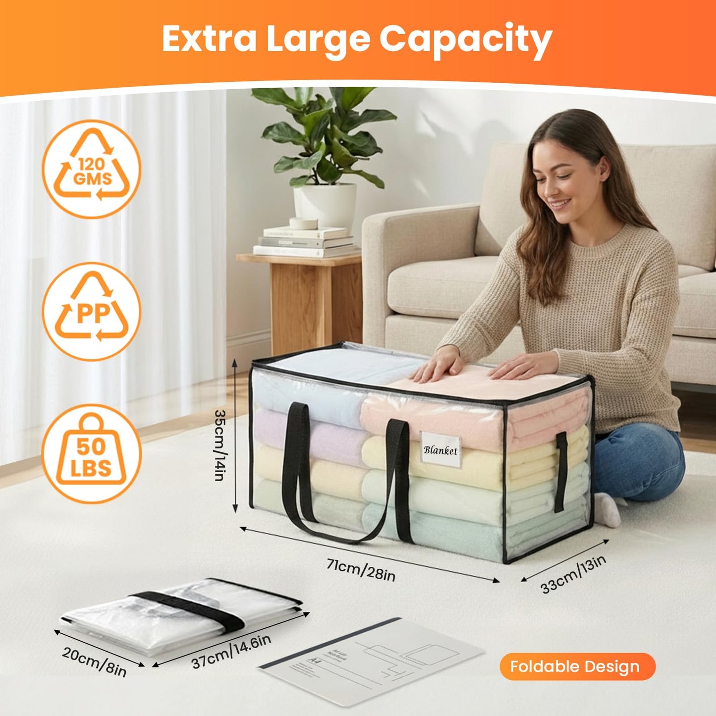 RICHER HOUSE 90L Heavy Duty Moving Boxes, Clothes Storage Bag, 6 Pack,Clear
