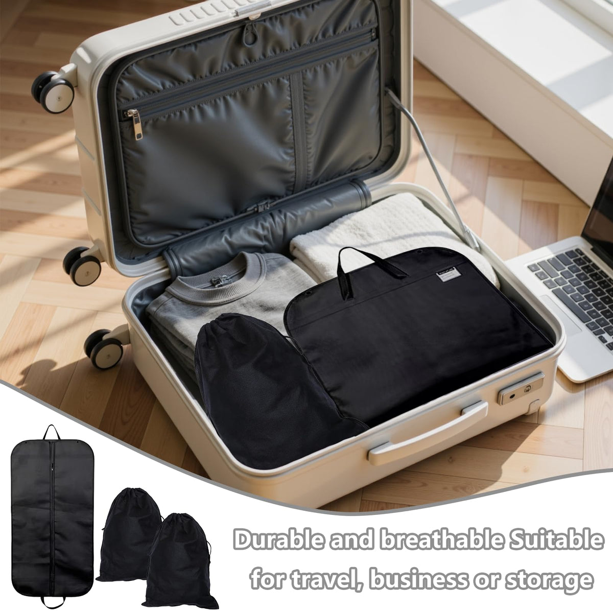3PCS Suit Bags for Men Set, Suit Carrier, 60x120CM, Includes 2 Shoe Bags. Designed for Storing Jackets, Shirts, Evening Gowns