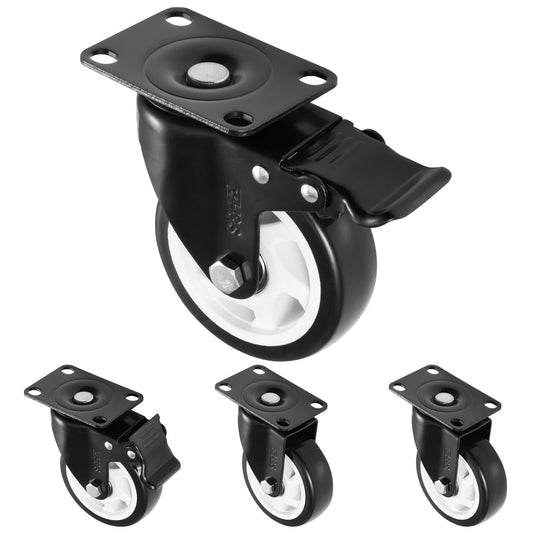 H&S 4 Castor Wheels Heavy Duty 600KG 100mm PU Swivel Trolley Furniture Caster with Brakes Black