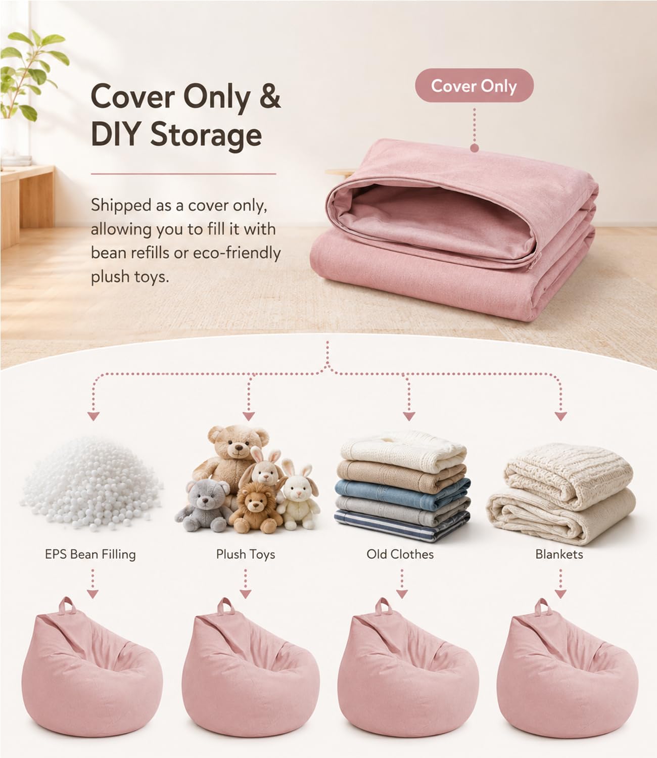 Highdi Kids Bean Bag Without Fillings - Cotton Linen Durable & Comfortable, Pink Storage Bean Bag Chair for Living Room/Gaming Room