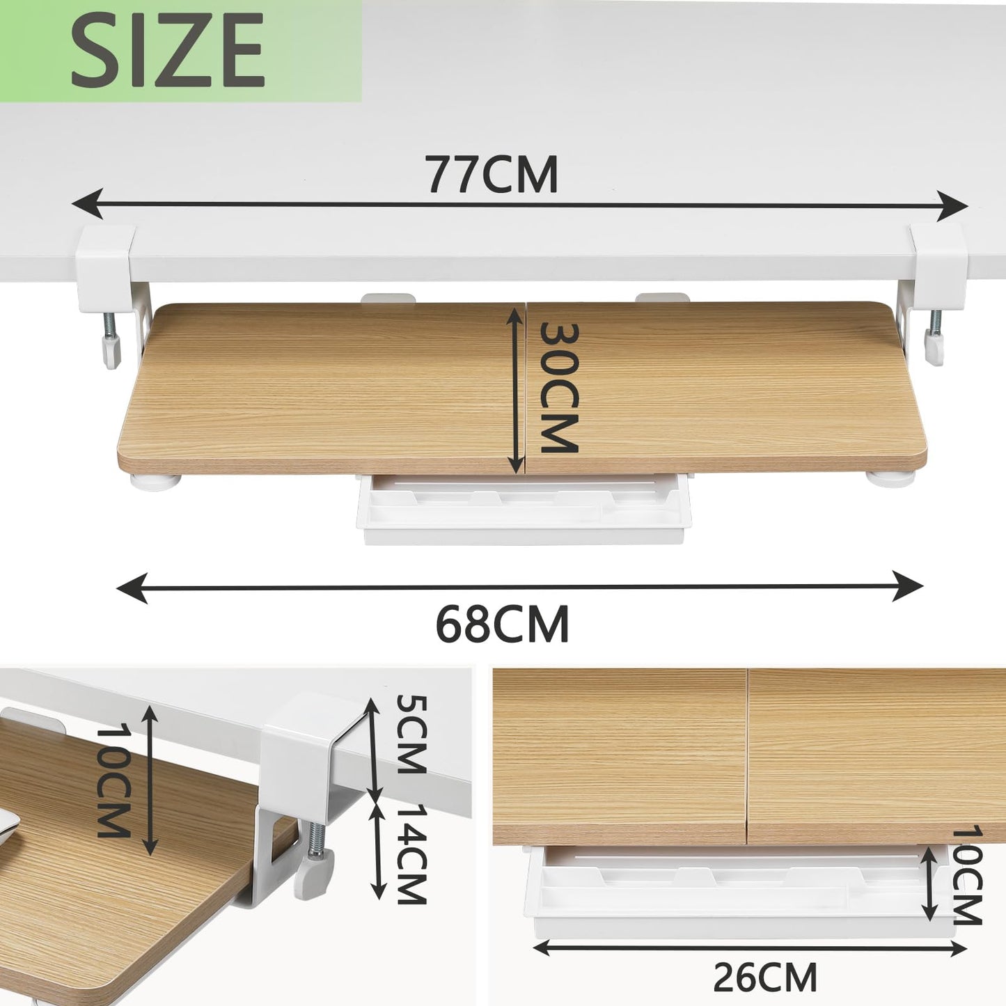 ETHU Under Desk Keyboard Tray, 68x30cm Ergonomic Pull-out Tray with C-Clamp Large Size Keyboard Tray Mount Easy to Install