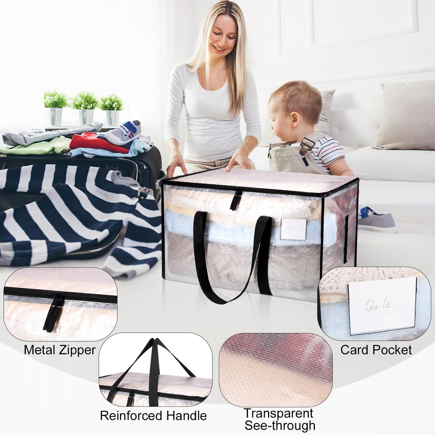 Yafe 3 Pack Large Clothes Storage Bags with Lids, 91L Clear Moving Boxes