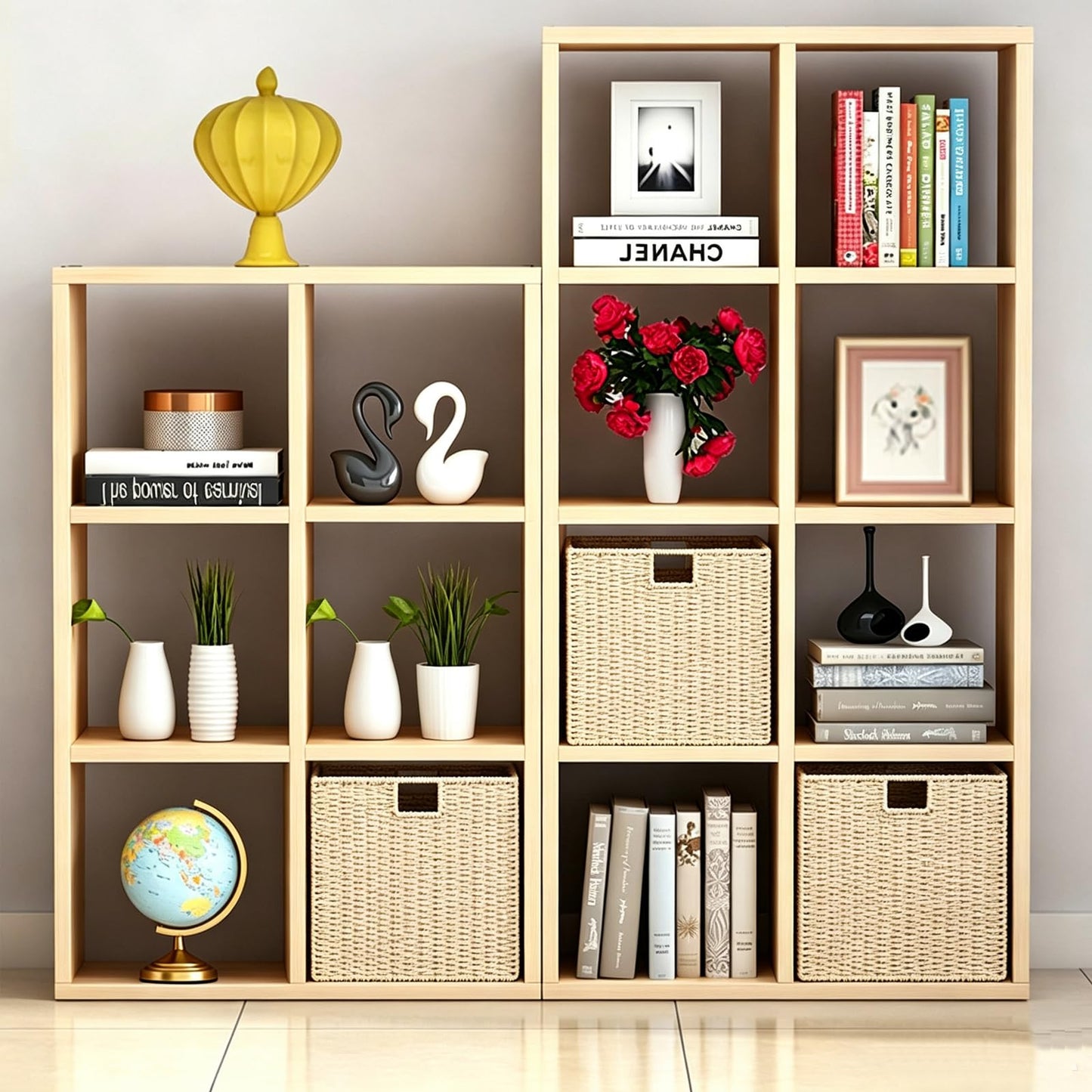 Vagusicc Wicker Storage Baskets, Set of 2 Hand-Woven Paper Rope Foldable Cube Bins Organizer, 11 Inch Square for Shelves Pantry Organizing Decor