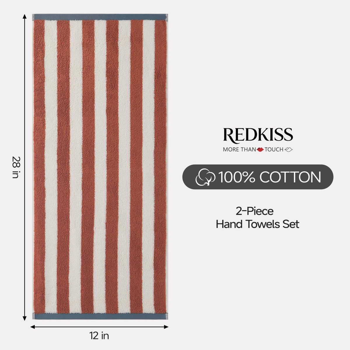 REDKISS 2 Pack Striped Hand Towels for Bathroom - 100% Cotton Decorative Hand Towel Set, 32x72cm, Soft Absorbent and Quick-Dry Towels for Bathroom