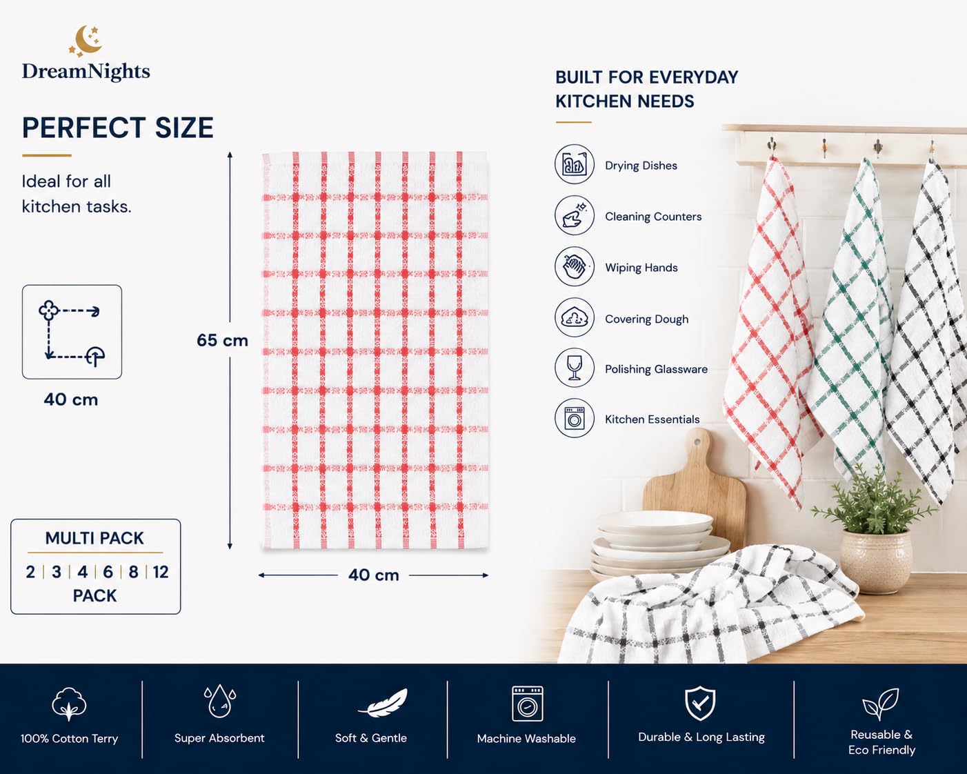 MAS International Vintage Kitchen Terry Tea Towels, 100% Cotton Pack of 6 Quick Drying Machine Washable Dish Cleaning, Hand Cloths