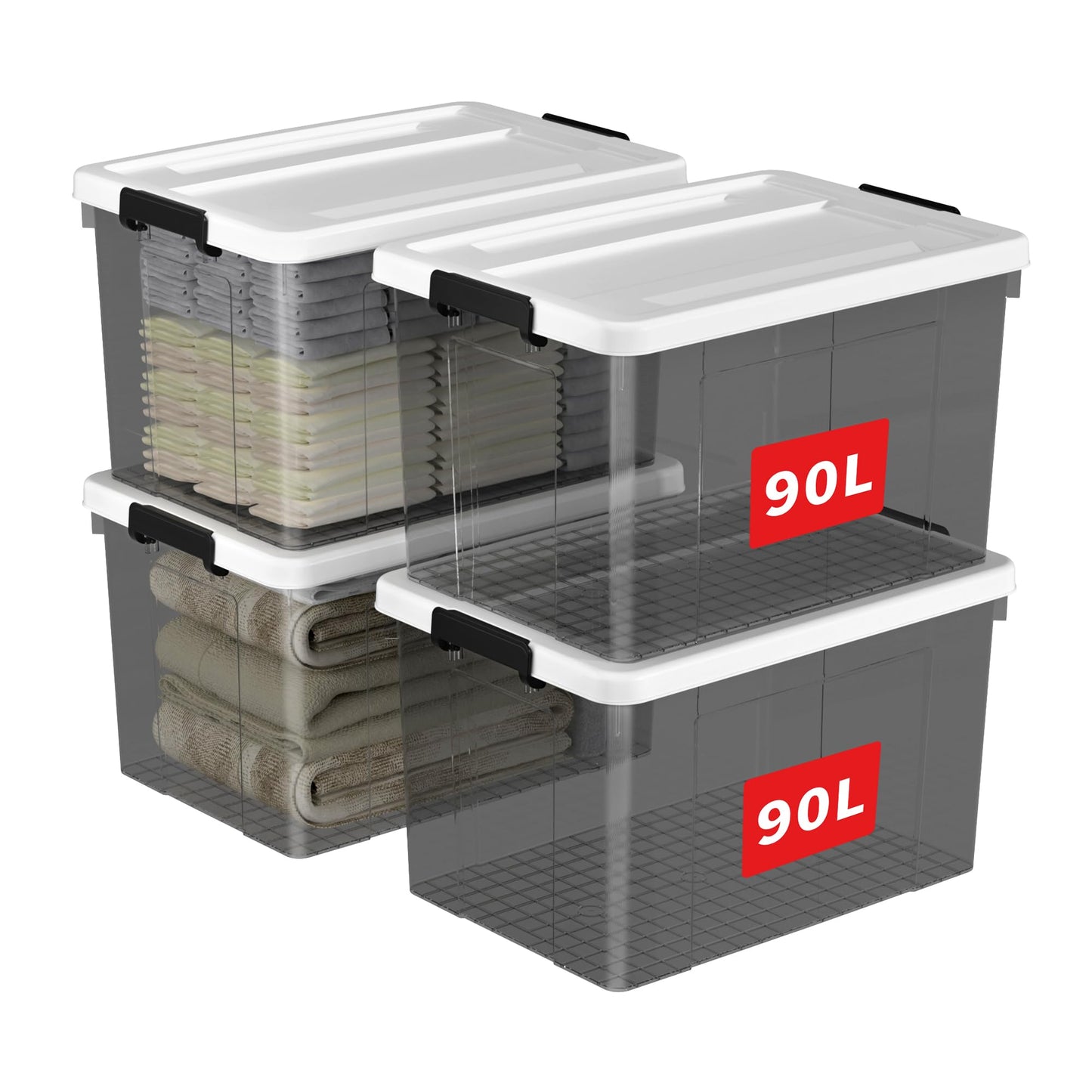 Cetomo 90L*4 Storage Boxes, Plastic Storage Box with Lids, Organizing Container with Secure Latching Buckles, Stackable, Nestable