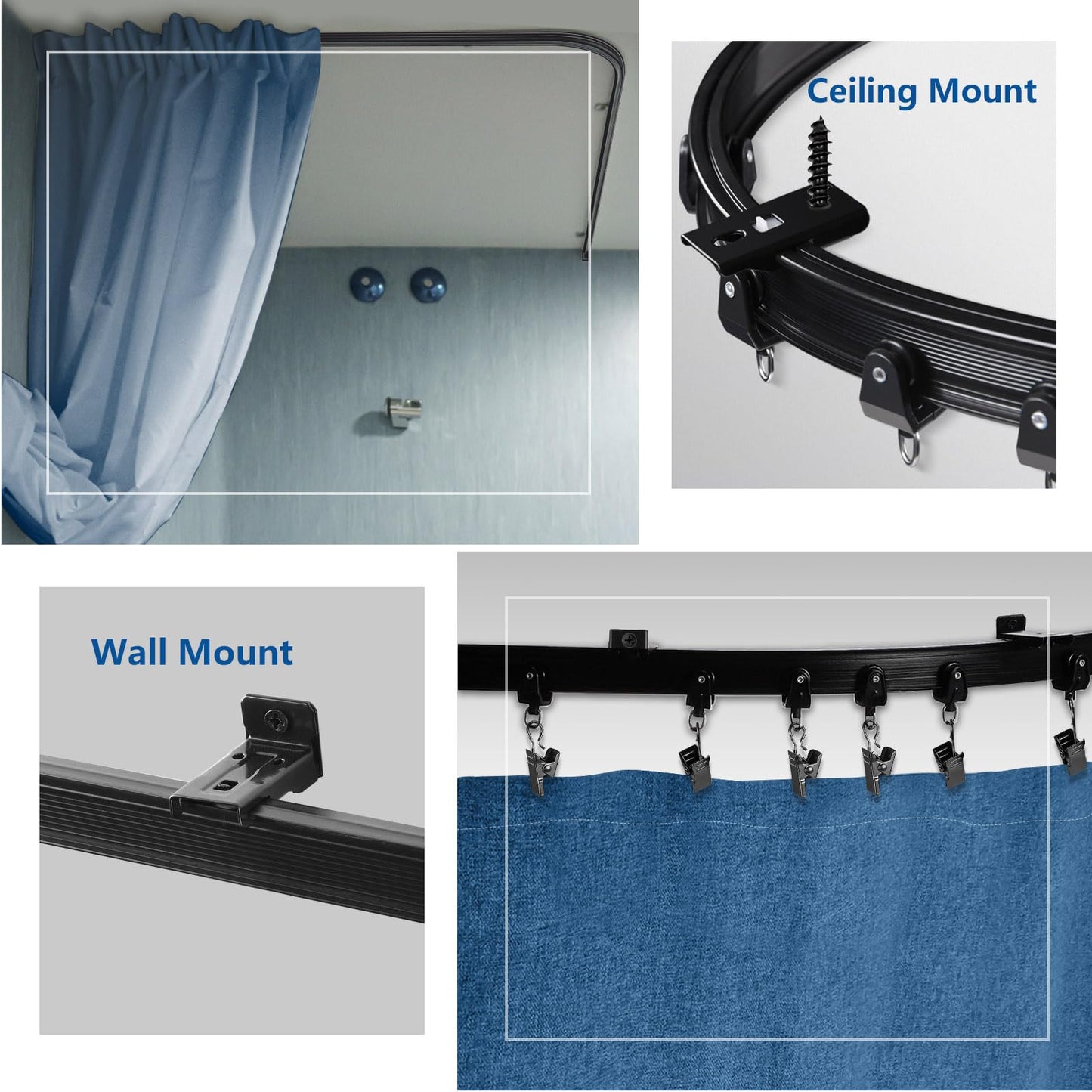 Ceiling Curtain Track, Flexible Bendable Curtain Track 10Ft Black Curved Curtain Rail Ceiling Wall Mount Curtain Sliding Track System Set for RV