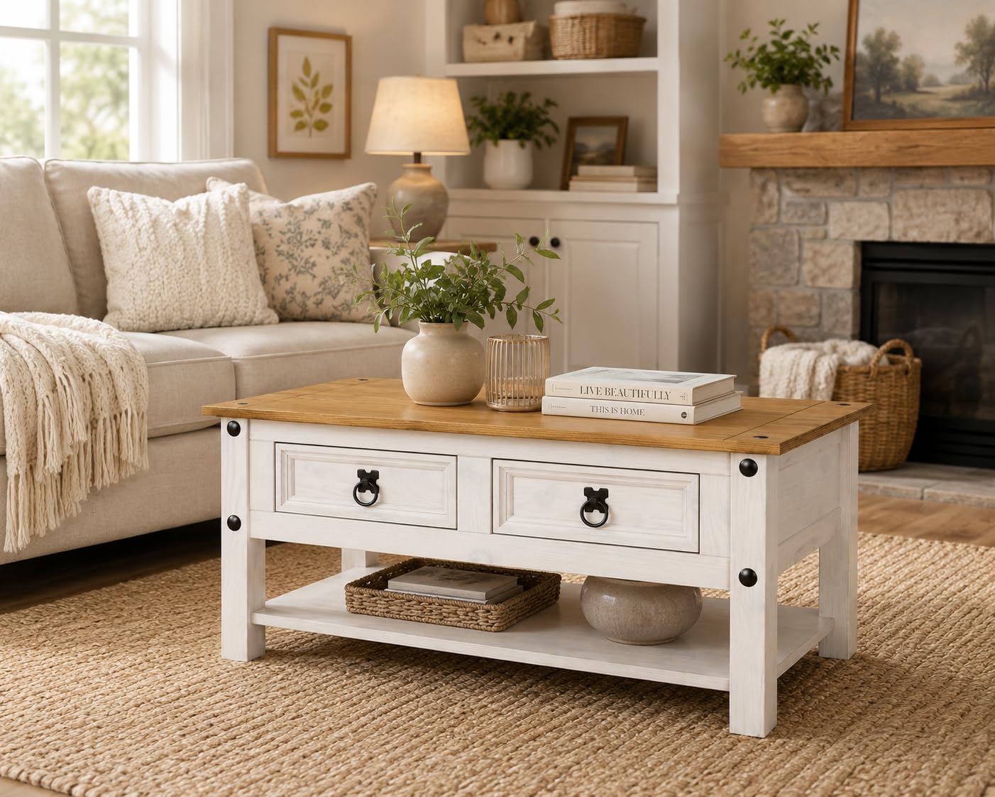 Corona White 2 Drawer Coffee Table Occasional Mexican Solid Pine Wood