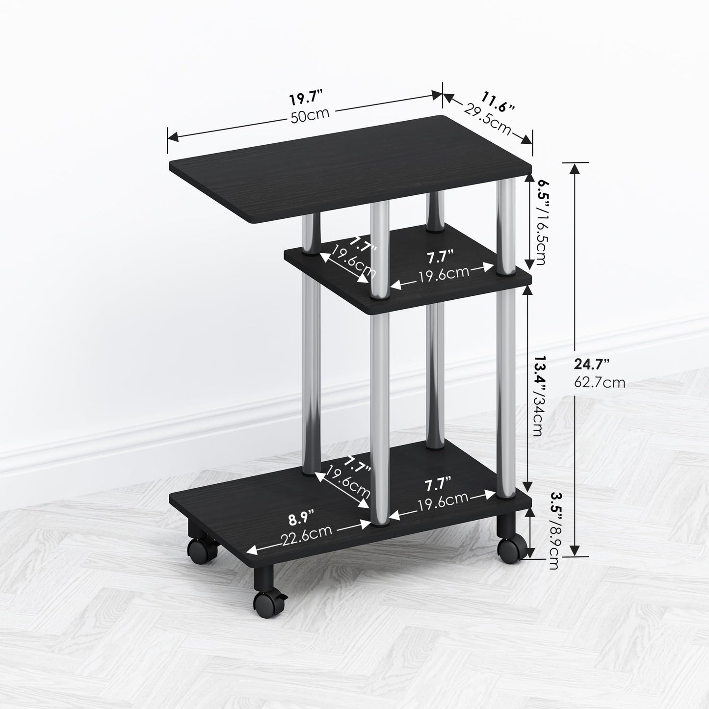 Furinno TOMI Side Table, 3-Tier C-Shape Open Shelf End Table with Wheels, Night Stand, Bedside Table, Toolless Assembly, for Living Room, Bedroom
