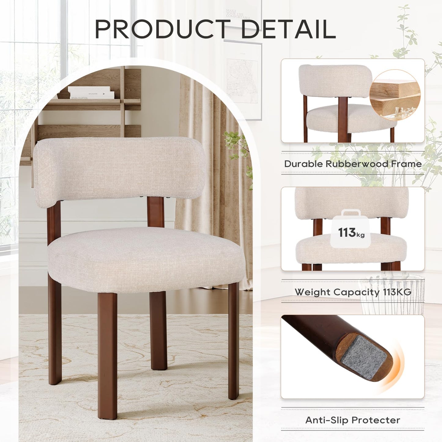 COLAMY Wooden Dining Chairs Set of 6, Fabric Chairs for Dining Room with Open Curved Backrest and Thick Seat Cushion