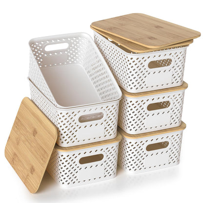 HapiLeap Plastic Storage Baskets With Bamboo Lid, Stackable Plastic Storage Boxes for Organizing Pantry Shelves Drawers Desktop Closet Playroom
