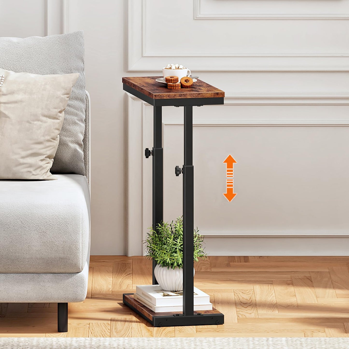 HOOBRO Narrow Side Table, 48-80 cm Height Adjustment, 2-Tier Slim Sofa End Table, Bedside Table, Couch Table for Small Spaces, Living Room, Bedroom
