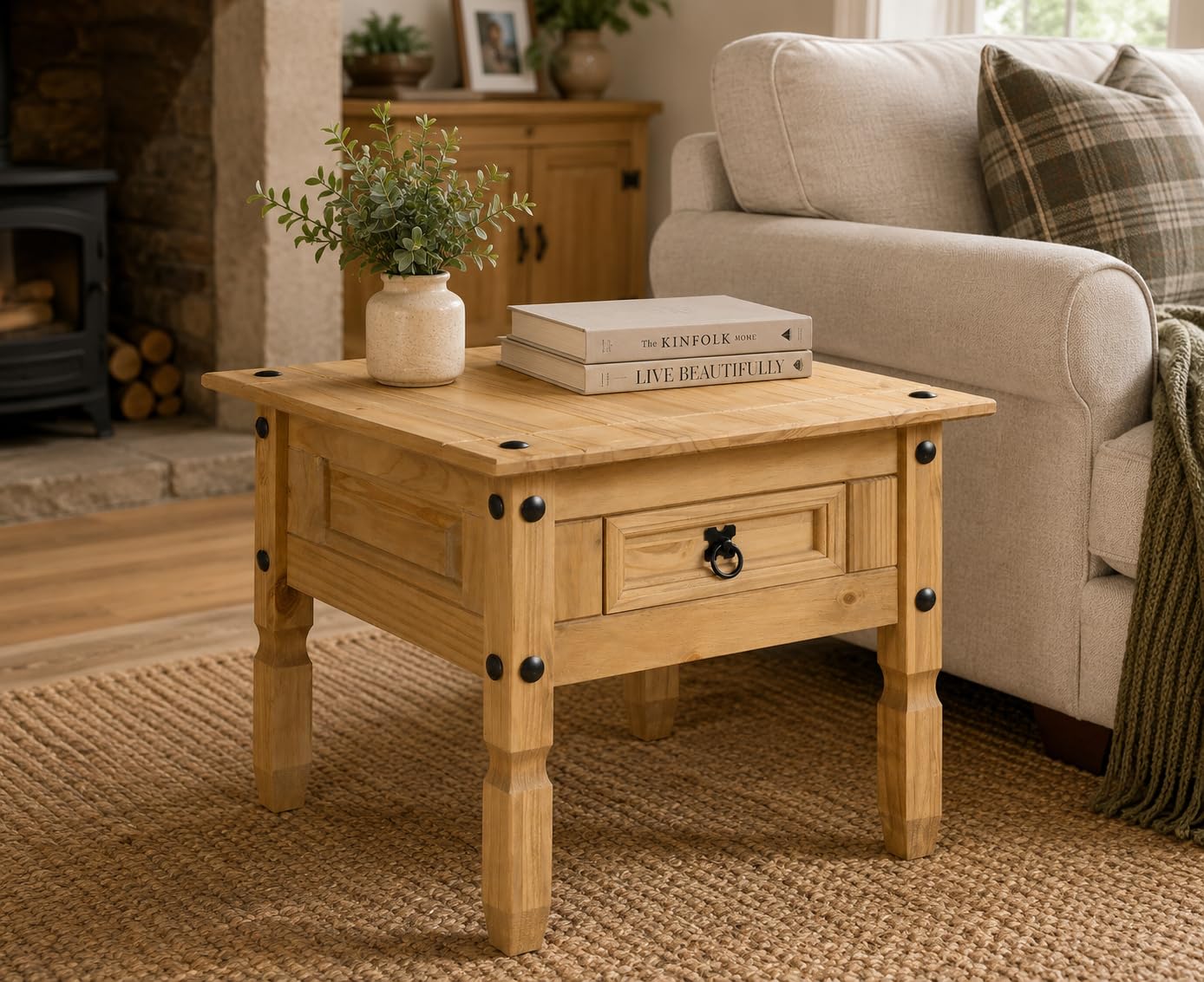 Corona 1 Drawer Lamp Table Mexican Solid Pine with Black Metal Hardware Waxed Finish W 58cm x D 58cm x H 52cm